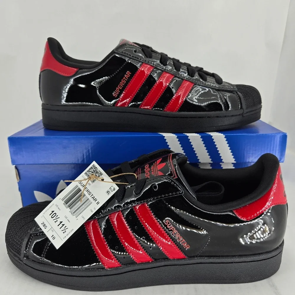 Adidas Superstar II Black Red Patent Leather Shell Toe Sneakers KJ3262 Mens 10.5